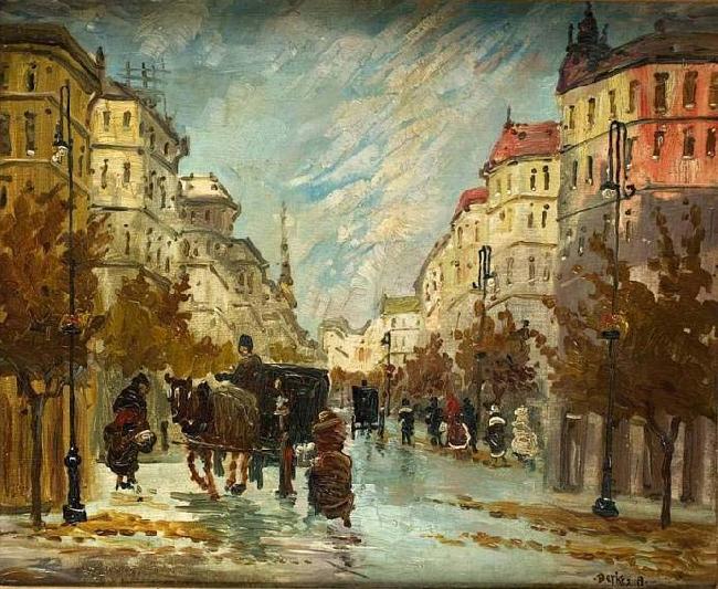 Berkes Antal Street scene with carraiges Sweden oil painting art